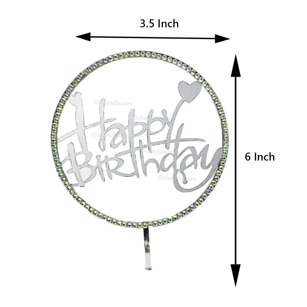 Happy Birthday Silver Round Cursive Cake Toppers